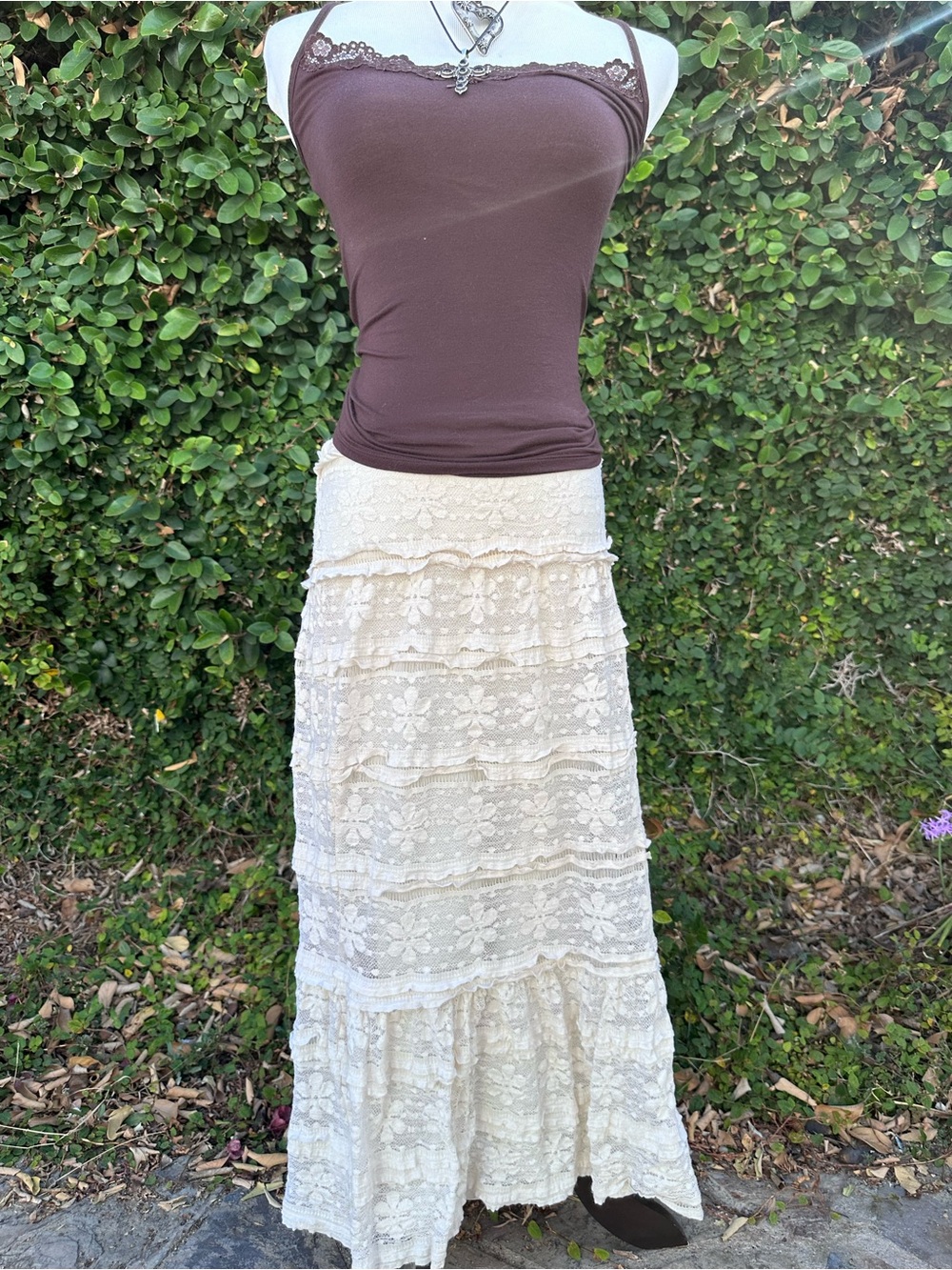 ✨90’s style Boho Cream Lace Tiered Maxi Skirt